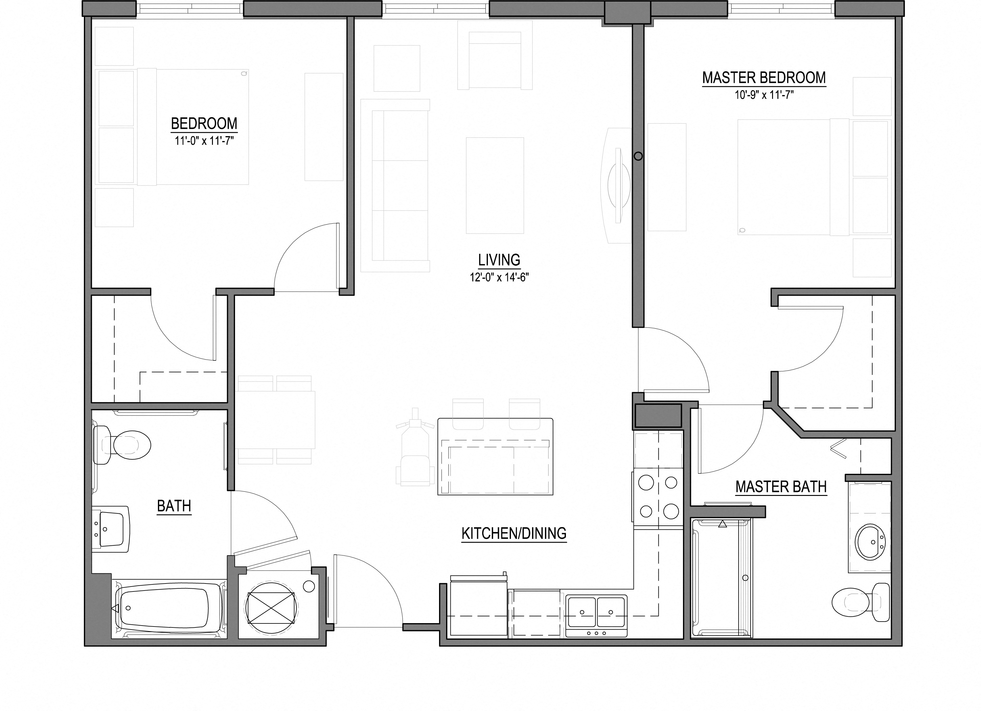 Floor plan for 2 beds, 2 baths, 995 sqft